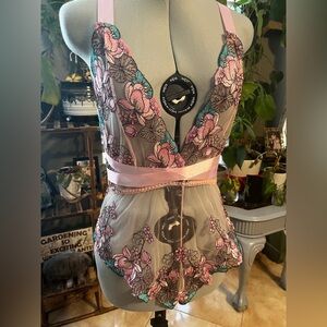 Floral Lace Sheer Bodysuit - Pink and green